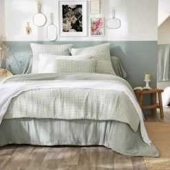 Runner letto garza di cotone (90 x 200 cm) Gaïa vichy Verde eucalipto