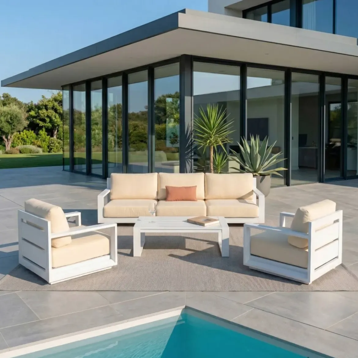 Salotto da giardino alluminio 5 posti 4 pezzi Elba Bianco e beige