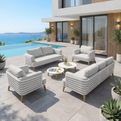 Salotto da giardino alluminio 7 posti 6 pezzi Monte Carlo Bianco e grigio chiaro
