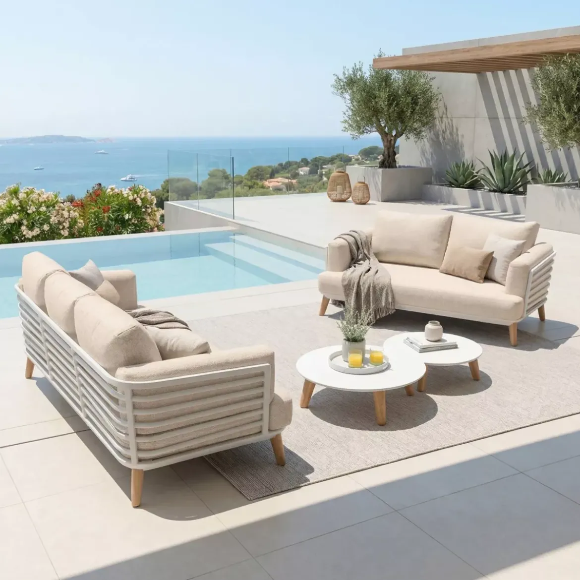 Salotto da giardino alluminio 5 posti 4 pezzi Monte Carlo Bianco e beige