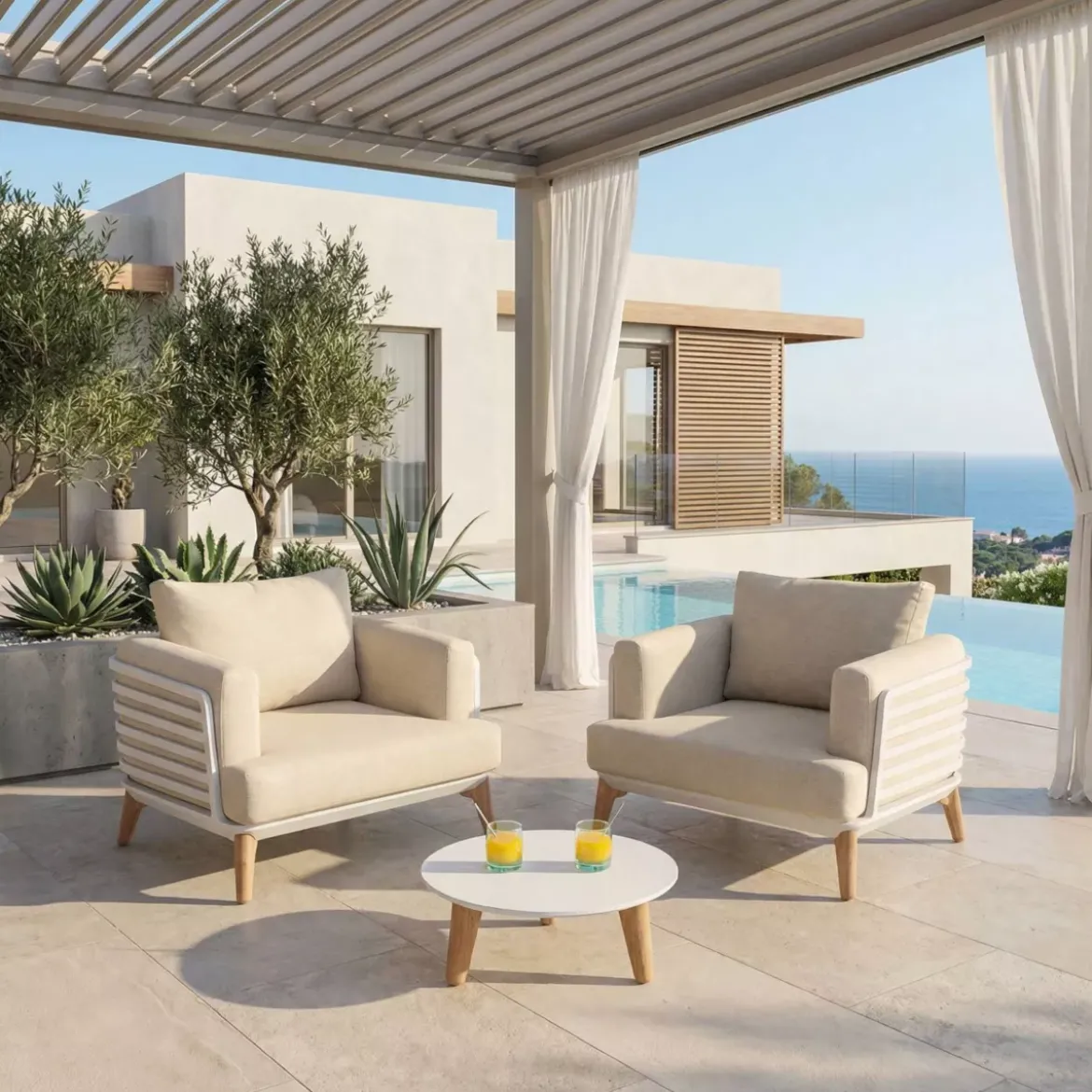 Salotto da giardino alluminio 2 posti 3 pezzi Monte Carlo Bianco e beige
