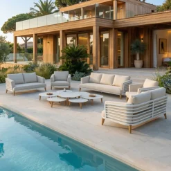 Salotto da giardino alluminio 9 posti 12 pezzi Monte Carlo Bianco e beige