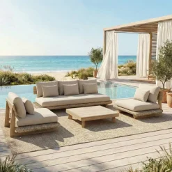 Salotto da giardino effetto legno e resina 5 posti 4 pezzi Palawan Beige