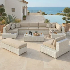 Salotto da giardino in resina intrecciata 9 posti 9 pezzi Palma Bianco e beige