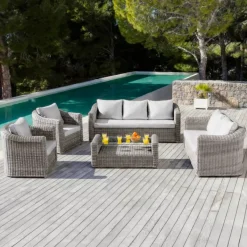 Salotto da giardino in resina intrecciata 7 posti 5 pezzi Calvi Grigio e grigio chiaro