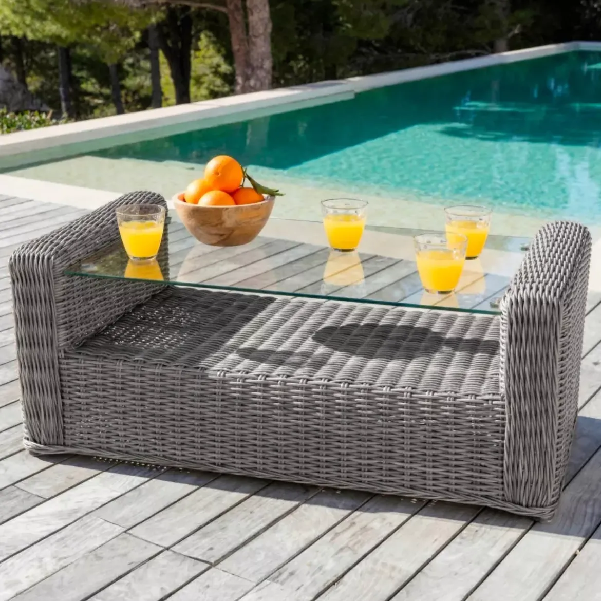 Salotto da giardino in resina intrecciata 7 posti 5 pezzi Calvi Grigio e grigio chiaro