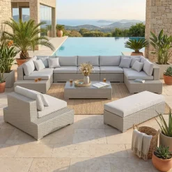 Salotto da giardino in resina intrecciata 9 posti 9 pezzi Palma Grigio