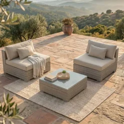 Salotto da giardino in resina intrecciata 2 posti 3 pezzi Palma Grigio e beige