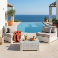 Salotto da giardino in resina intrecciata 2 posti 3 pezzi Palma Bianco e tortora