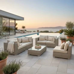 Salotto da giardino in resina intrecciata 5 posti 6 pezzi Palma Grigio e beige