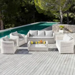 Salotto da giardino in resina intrecciata 7 posti 5 pezzi Calvi Bianco e grigio chiaro