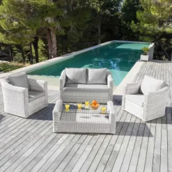 Salotto da giardino in resina intrecciata 4 posti 4 pezzi Calvi Bianco e grigio chiaro