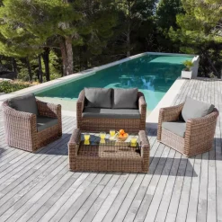 Salotto da giardino in resina intrecciata 4 posti 4 pezzi Calvi Seppia e grigio scuro