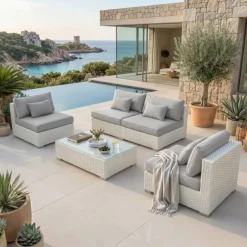 Salotto da giardino in resina intrecciata 4 posti 4 pezzi Palma Bianco e grigio