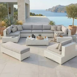 Salotto da giardino in resina intrecciata 9 posti 9 pezzi Palma Bianco e grigio