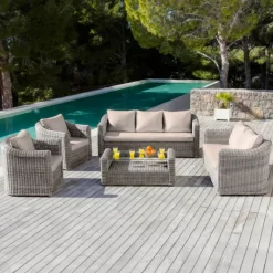 Salotto da giardino in resina intrecciata 7 posti 5 pezzi Calvi Grigio e tortora