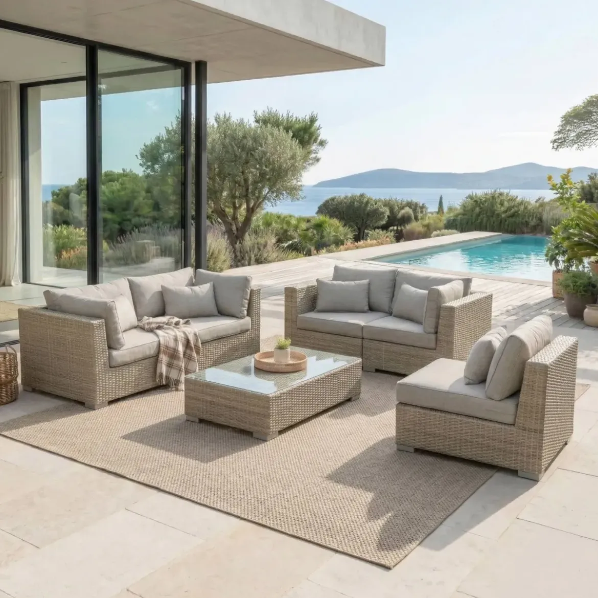 Salotto da giardino in resina intrecciata 5 posti 6 pezzi Palma Grigio e tortora