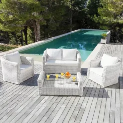 Salotto da giardino in resina intrecciata 4 posti 4 pezzi Calvi Bianco