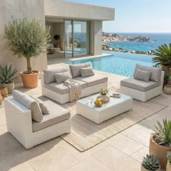Salotto da giardino in resina intrecciata 4 posti 4 pezzi Palma Bianco e tortora