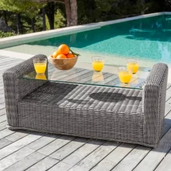 Salotto da giardino in resina intrecciata 5 posti 4 pezzi Calvi Grigio e grigio chiaro