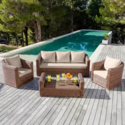 Salotto da giardino in resina intrecciata 5 posti 4 pezzi Calvi Seppia e tortora