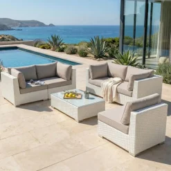 Salotto da giardino in resina intrecciata 5 posti 6 pezzi Palma Bianco e tortora