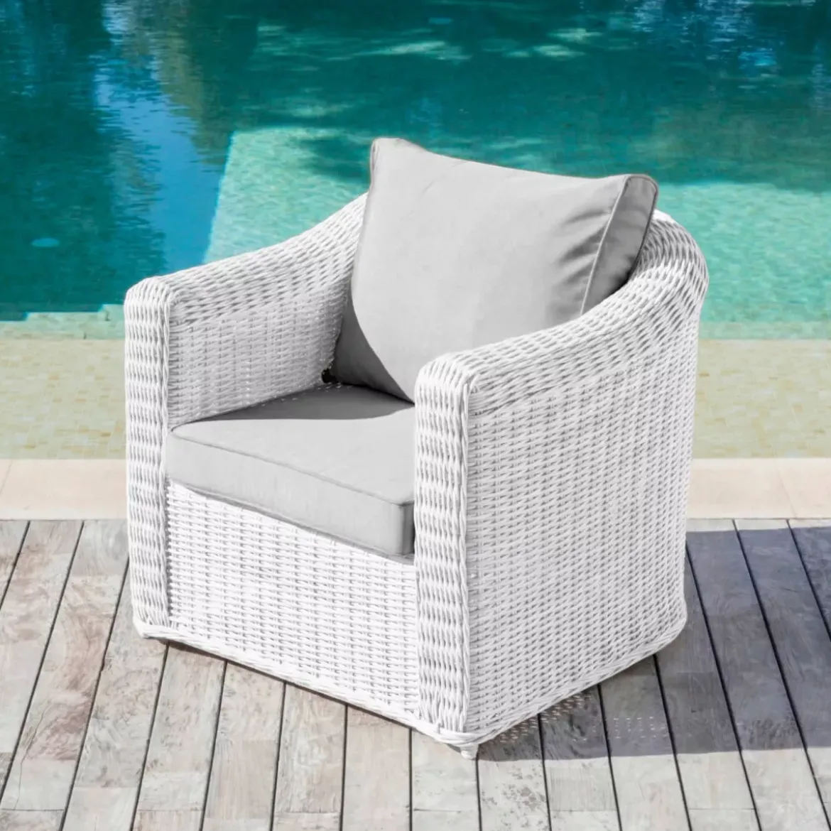 Salotto da giardino in resina intrecciata 5 posti 4 pezzi Calvi Bianco e grigio chiaro