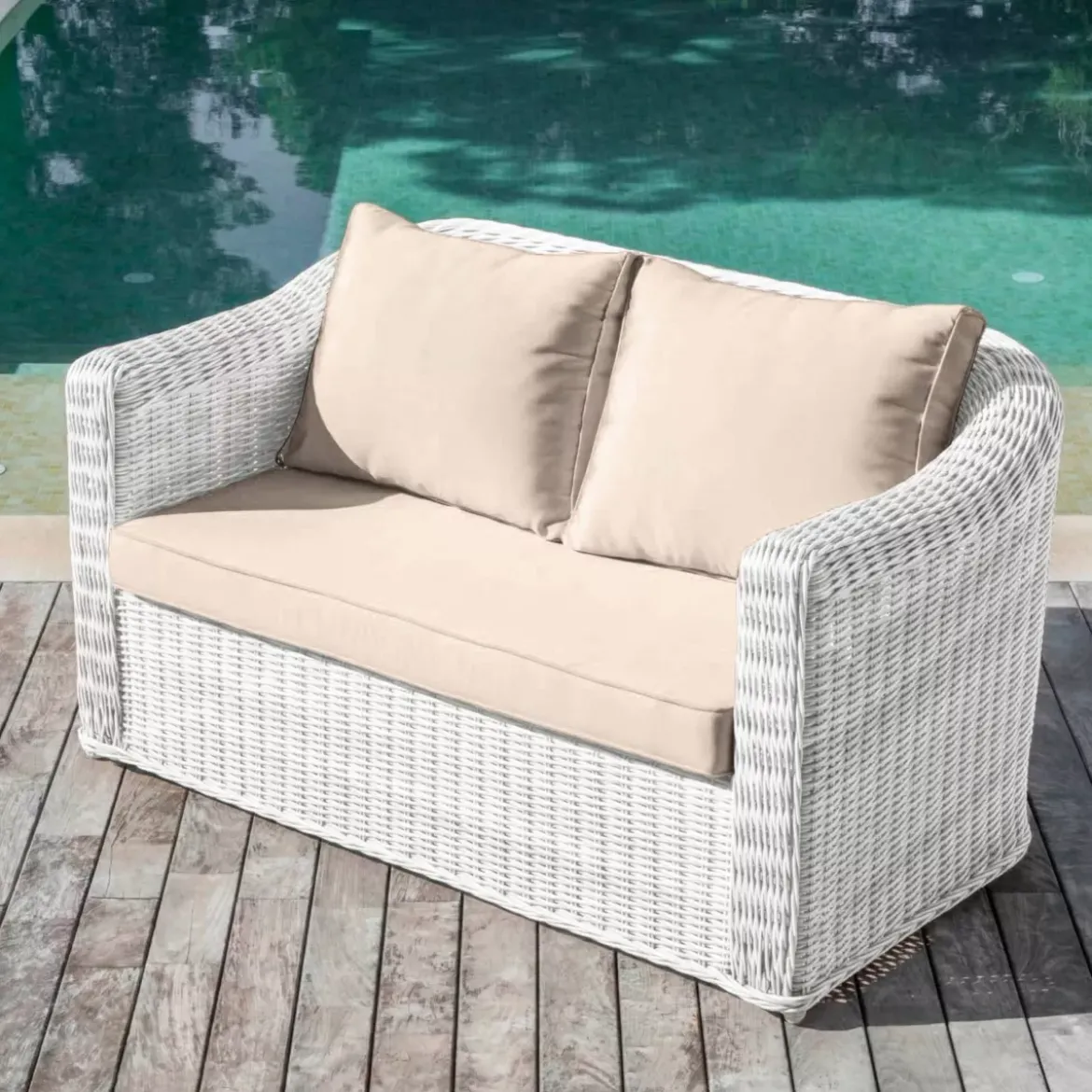 Salotto da giardino in resina intrecciata 7 posti 5 pezzi Calvi Bianco e tortora