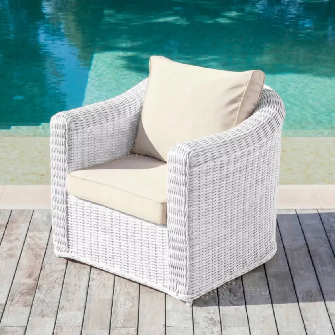 Salotto da giardino in resina intrecciata 7 posti 5 pezzi Calvi Bianco e tortora