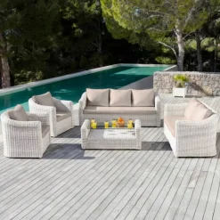 Salotto da giardino in resina intrecciata 7 posti 5 pezzi Calvi Bianco e tortora