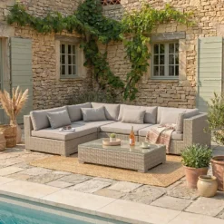 Salotto da giardino in resina intrecciata 4 posti 5 pezzi Palma Grigio e tortora