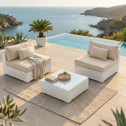 Salotto da giardino in resina intrecciata 2 posti 3 pezzi Palma Bianco e beige