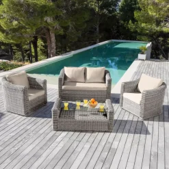 Salotto da giardino in resina intrecciata 4 posti 4 pezzi Calvi Grigio e tortora