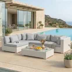 Salotto da giardino in resina intrecciata 4 posti 5 pezzi Palma Bianco e grigio