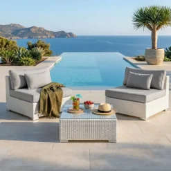 Salotto da giardino in resina intrecciata 2 posti 3 pezzi Palma Bianco e grigio