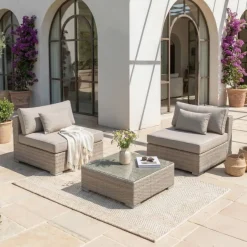 Salotto da giardino in resina intrecciata 2 posti 3 pezzi Palma Grigio e tortora