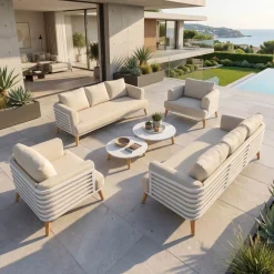 Salotto da giardino alluminio 8 posti 6 pezzi Monte Carlo Bianco e beige