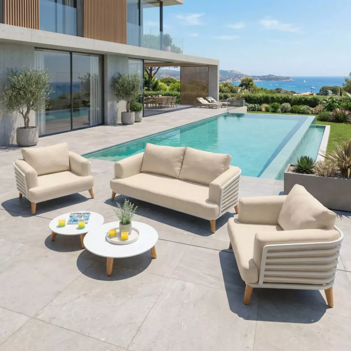 Salotto da giardino alluminio 4 posti 5 pezzi Monte Carlo Bianco e beige