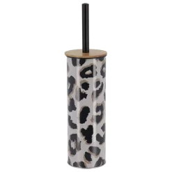 Scopino per WC con coperchio in metallo e acacia leopardata Serengeti Nero