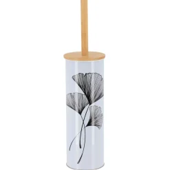 Scopino per WC con coperchio in metallo e bambù Zen Gingko Bianco