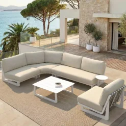 Set angolare da giardino in alluminio 5 posti 5 pezzi Long Beach Bianco cenere e beige