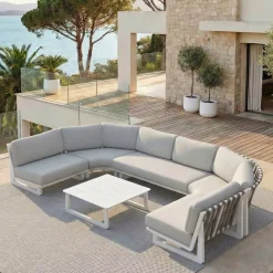 Set angolare da giardino in alluminio 6 posti Long Beach Bianco cenere e grigio chiaro