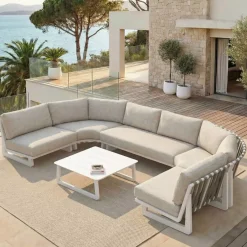 Set angolare da giardino in alluminio 6 posti Long Beach Bianco cenere e tortora