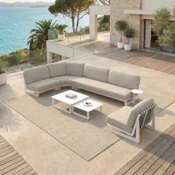 Set angolare da giardino in alluminio 6 posti 6 pezzi Long Beach Bianco cenere e tortora