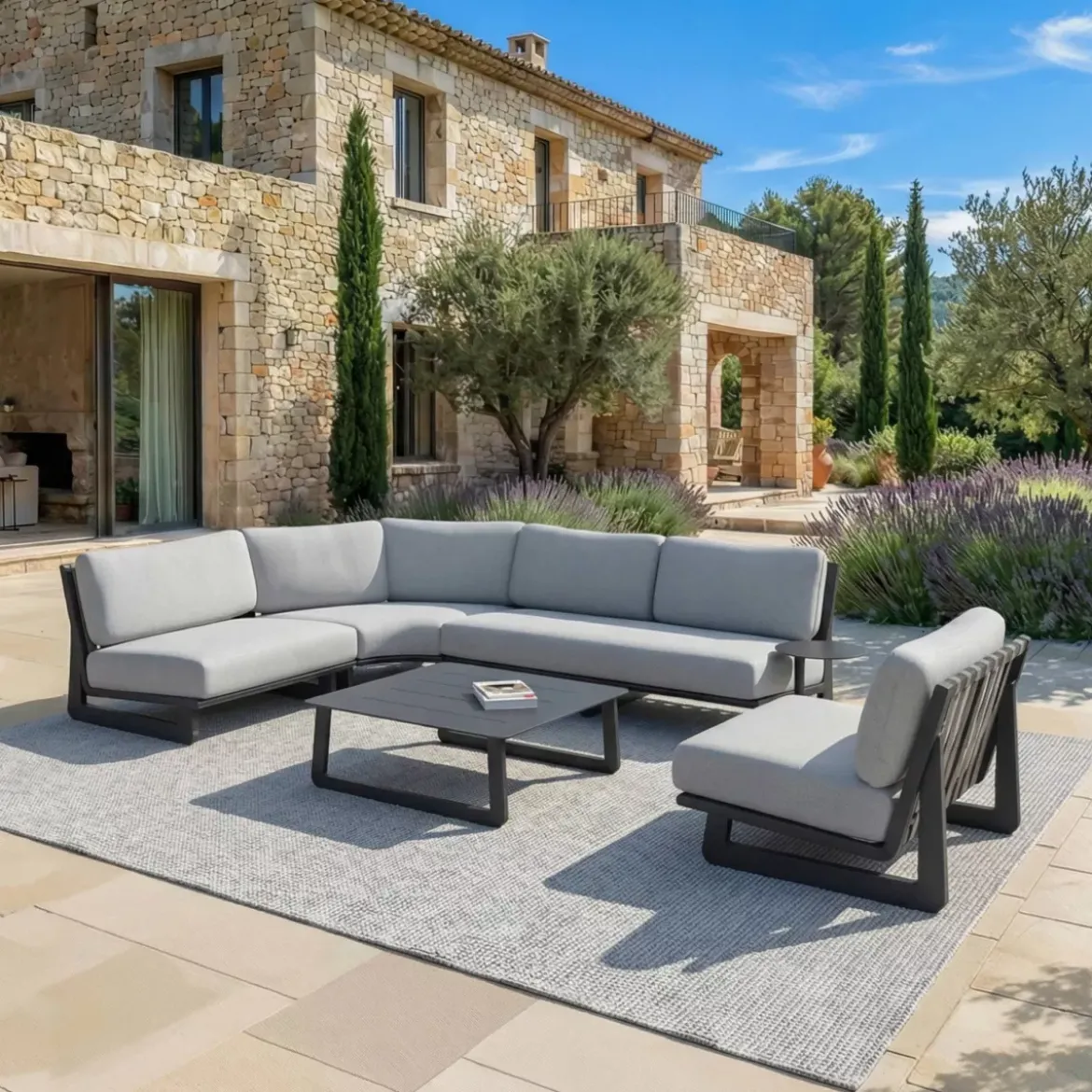 Set angolare da giardino in alluminio 5 posti 5 pezzi Long Beach Antracite e Grigio Chiaro