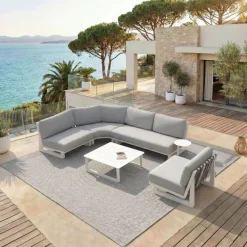Set angolare da giardino in alluminio 5 posti 5 pezzi Long Beach Bianco cenere e grigio chiaro