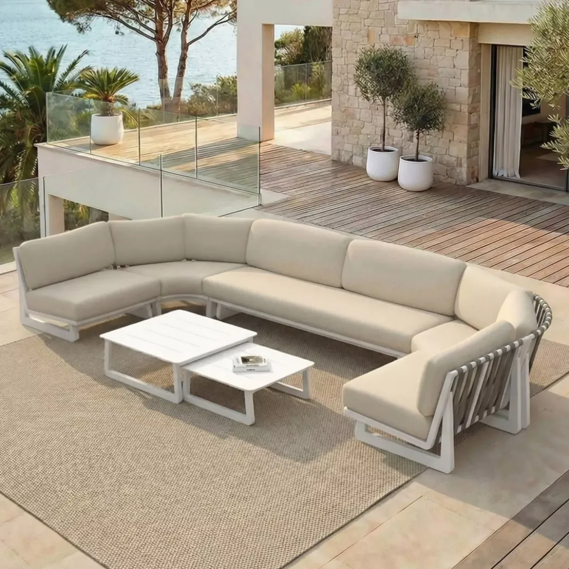 Set angolare in alluminio 7 posti 7 pezzi Long Beach Bianco cenere e tortora