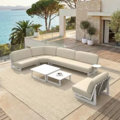 Set angolare in alluminio per giardino 6 posti 6 pezzi Long Beach Bianco cenere e beige