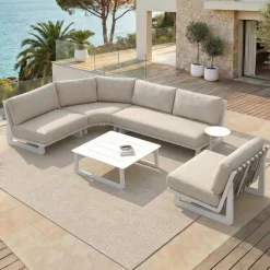 Set angolare in alluminio per giardino 5 posti 5 pezzi Long Beach Bianco cenere e tortora