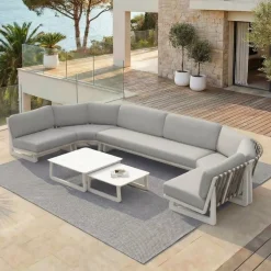 Set da giardino angolare in alluminio 7 posti 7 pezzi Long Beach Bianco cenere e grigio chiaro